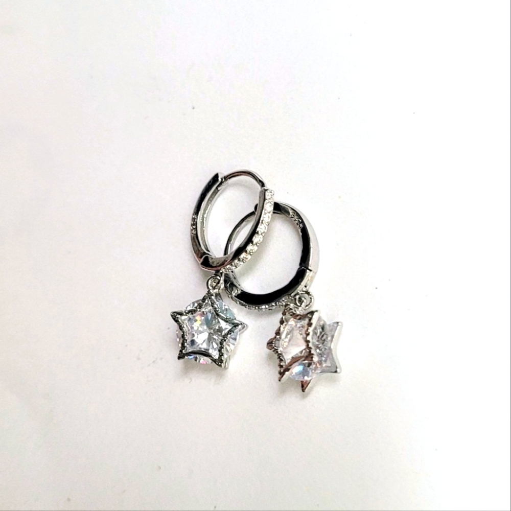 Elegant, simple silver hoop huggie earrings w/ star dangle & cubic zirconia
